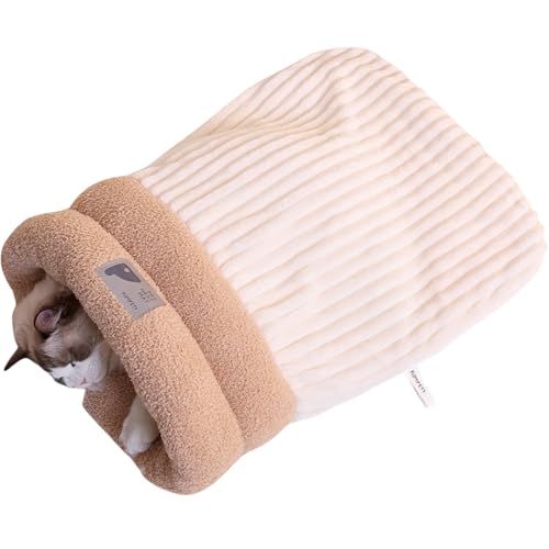 Eowduk Katzenschlafsack, Cat Sleeping Bag, Halbgeschlossenes Katzen Schlafsack, Haustierkuschelbett für Katzen und Hunde bis zu 16Pfd (L,Cremefarben) von Eowduk