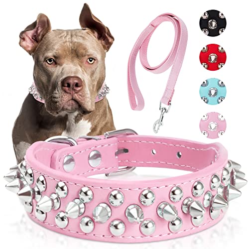 Epesiri Hundehalsbänder für mittelgroße Hunde mit Leine, Hundehalsband mit Spikes, für große Hunde, rosa Hundehalsband, Nieten, Pitbull-Leder, langlebiges Katzenhalsband für kleine, mittelgroße und von Epesiri