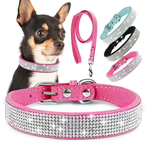 Epesiri Strass-Hundehalsband, glitzerndes Hundehalsband mit Leine, niedliches weiches Wildleder-Katzenhalsband mit Baumwolle, Kristalldiamant-Haustierhalsband für mittelgroße Pink von Epesiri