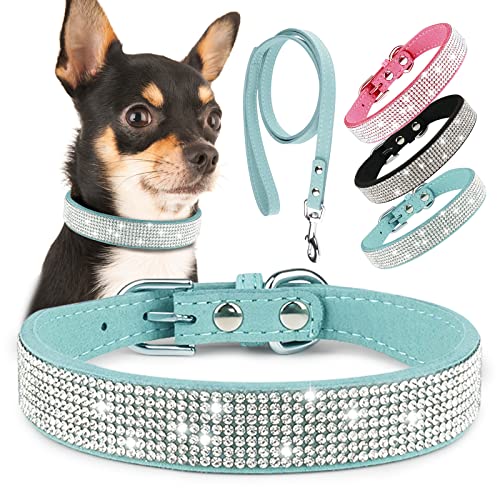 Epesiri Strass-Hundehalsband, glitzerndes Hundehalsband mit Leine, strapazierfähiges Leder, niedliches weiches Wildleder-Katzenhalsband mit Baumwolle, Kristalldiamant-Haustierhalsband für Mittelblau von Epesiri