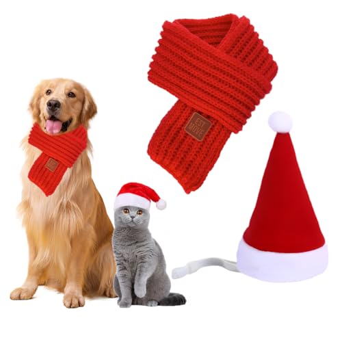 Haustier Weihnachtsmütze und Schal, 2 Stück Hunde Katzen Weihnachtskostüm, Weihnachts Haustier Kostüm Verstellbare, Hundeschal, Weihnachtsmütze Katzen Hund Weihnachtskostüme Set für Hunde Katzen von Epokus