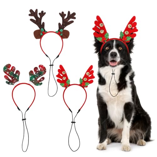 3 stück Weihnachtskostüm Hunde Stirnband, Haustier Weihnachts Rentier Geweih haarreif Geweih Verstellbare, Kopfschmuck Weihnachten Rot Braun Grün, Geschenk Kostüm für Haustier Hund Partybedarf von Epokus