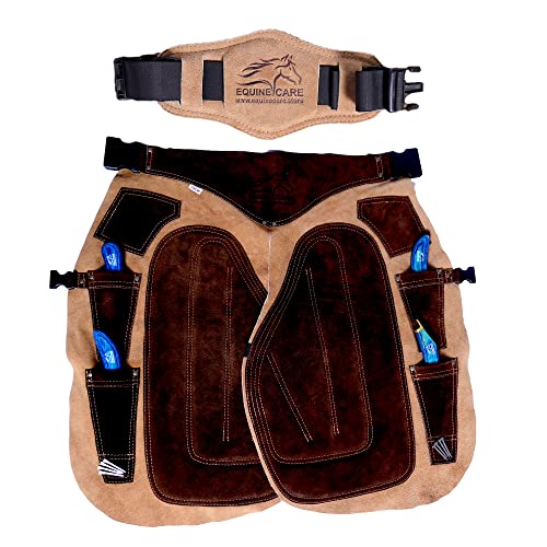 Equine Care Herren Farrier Schürze Chaps 73,7 cm – Premium-Rindsleder, verstellbare Taille, Knieschützer, 4 Hufmessertaschen, 2 Hufnagelmagnete – langlebige Hufnagel-Werkzeuge für Pferdeschuhen & von Equine Care