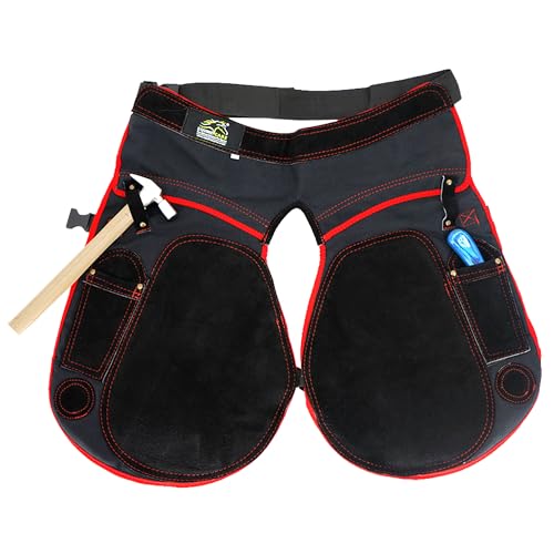 Equine Care Farrier Schürze Chaps für Damen, 58,4 cm Länge, 71,1–132,1 cm Taille, Rindsleder, 2 Taschen, 2 Nagelmagnete, 2 Hammerschlaufen, ideal zum Reiten (schwarz mit roter Paspelierung) von Equine Care