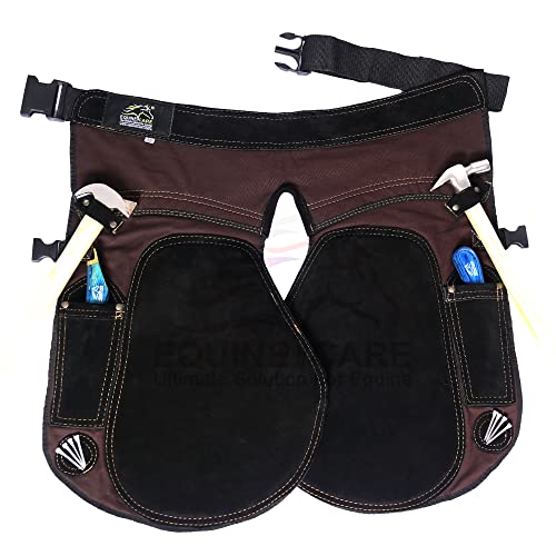 Equine Care Farrier Schürze Chaps für Damen – 58,4 cm Länge, 71,1–132,1 cm Taille, Rindsleder, 2 Taschen, 2 Nagelmagnete, 2 Hammerschlaufen – Schwarz/Braun – ideal zum Reiten (Braun mit Schwarz) von Equine Care