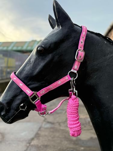 Pferdehalfter und Führstrick Set Rosa mit Pferdemuster Gepolstert Nubuk (Rosa, Cob) von Equipride