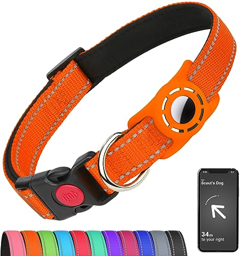 Erbine Airtag Hundehalsband mit AirTag-Halterung für große Hunde, reflektierend, weich gepolstert & Sicherheitsverriegelungsschnalle, Nylon-Haustierhalsbänder verstellbar für alle Rassen, Orange, L von Erbine