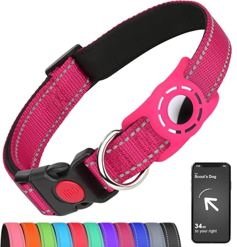 Erbine Airtag Hundehalsband für Große Hunde, Reflektierende Hundehalsbänder mit AirTag Halterung, Nylon Haustier Halsband Verstellbar für Alle Rassen, HotPink von Erbine