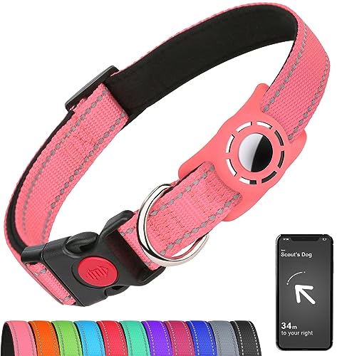 Erbine Airtag Hundehalsband für Welpenhunde, Reflektierende Hundehalsbänder mit AirTag-Halter, Weich Gepolstert & Sicherheitsverriegelungsschnalle, Nylon Pet Halsband Einstellbar für Alle Rassen, Rosa von Erbine