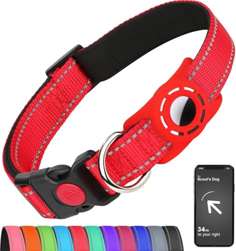 Erbine Airtag Hundehalsband mit AirTag-Halterung für große Hunde, reflektierend, weich gepolstert & Sicherheitsverriegelungsschnalle, Nylon-Haustierhalsbänder verstellbar für alle Rassen, Rot, XL von Erbine