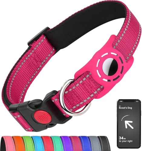 Erbine Airtag Hundehalsband mit AirTag-Halterung für große Hunde, reflektierend, weich gepolstert & Sicherheitsverriegelungsschnalle, Nylon-Haustierhalsbänder verstellbar für alle Rassen, Hotpink, XL von Erbine