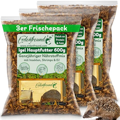 ERDENFREUND® Igelfutter mit Insekten, Shrimps & Ei 3x600g Spezialigelfutter Trockenfutter hoher Protein und Fettanteil artgerechtes Igelfutter kaufen (3x600g Premium Igelfutter in Frischepacks) von Erdenfreund