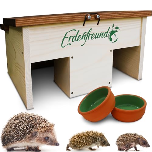 ERDENFREUND® Igelfutterhaus + 2er Set Wasser- & Futternapf Igelhaus kaufen artgerecht mit festem Dach-Sicherheitsverschluss und 2 Labyrinth Eingängen (Igelfutterhaus inkl. 2er Set Wasser-& Futternapf) von Erdenfreund