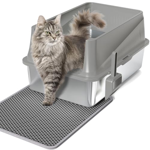 Erinaik Geschlossene Katzentoilette Edelstahl mit Deckel XL extra große Katzentoilette für Großkatzen Metall Katzentoilette hochseitig (Hellgrau) von Erinaik