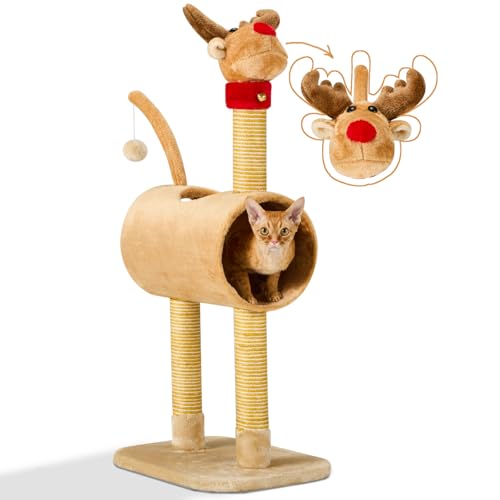 Erinnyees Kratzbaum Weihnachten Turm, 39 Zoll Katzenbaum mit Sisal Kratzstämmen Elchkopf Haustier Tunnel Kleine Süße Kitty Kletterturm für Multi-Kitten Haushalte von Erinnyees