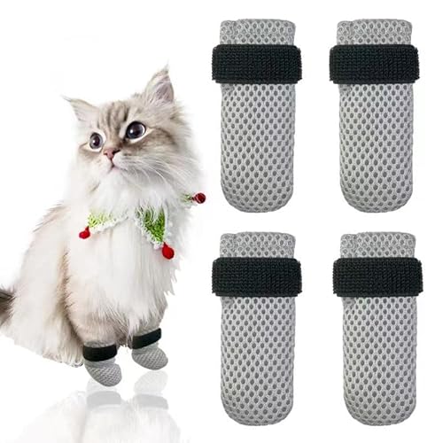 Esamploe 4 x Katzen-Fäustlinge, um Kratzer zu verhindern, atmungsaktive Netz-Katzenschuhe, verstellbare Katzen-Handschuhe, geeignet für Katzen beim Baden und Nageltrimmen (M, Grau) von Esamploe