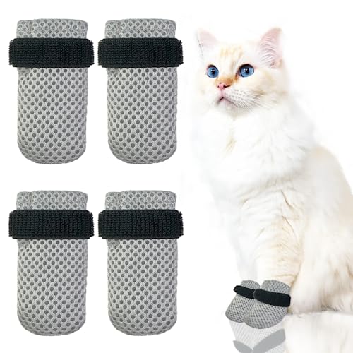 Esamploe Katzen-Fäustlinge zur Vermeidung von Kratzern, atmungsaktive Katzenschuhe, verstellbare Katzenschuhe, geeignet für Katzen beim Baden und Nageltrimmen (XL, Grau), 4 Stück von Esamploe