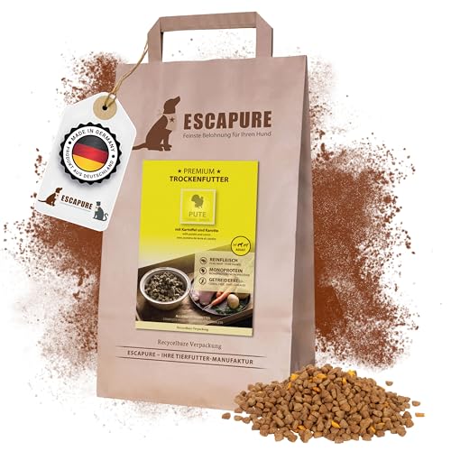 Escapure Adult Trockenfutter Hund 1,5 kg Beutel PUTE - Hundefutter trocken mit Rapsöl & Amarant - Alleinfuttermittel für ausgewachsene Hunde getreidefrei - Hundenahrung mit hohem Fleischanteil von Escapure