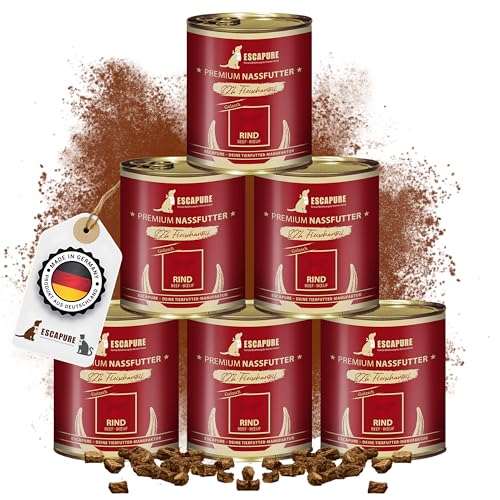 Escapure Adult Nassfutter Rind 6 x 400g Dose - 82% pures Beef Fleisch Hundefutter - Dosenfutter Rinder-Gulasch ohne Zusatzstoffe - Ergänzungsfuttermittel für ausgewachsene Hunde frei von Getreide von Escapure