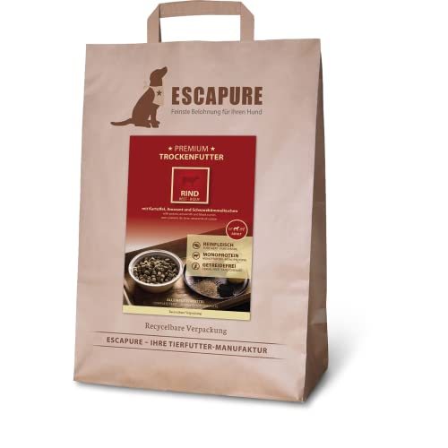 Escapure Adult Trockenfutter Hund 4kg Beutel RIND - Hundefutter trocken mit Rapsöl & Amarant - Alleinfuttermittel für ausgewachsene Hunde getreidefrei - Hundenahrung mit hohem Fleischanteil von Escapure