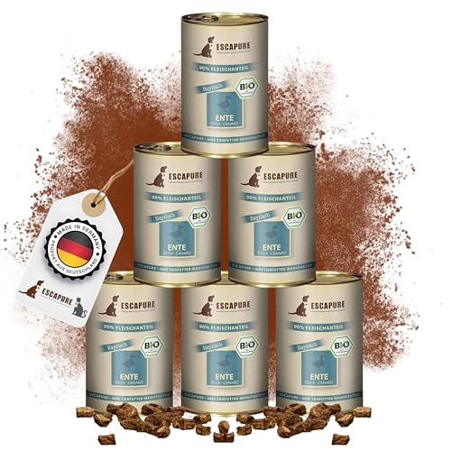 Escapure Bio Ente Dose 6 x 400g - Bio Nassfutter für Hunde - 90% pures Entenfleisch Nassfutter - Premium Dosenfutter Duck ohne Zusatzstoffe - Hunde Ergänzungsfuttermittel frei von Getreide von Escapure