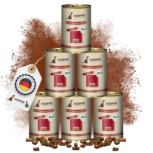 Escapure Bio Rinder Gulasch Dose 6 x 400g - Bio Nassfutter für Hunde - 90% pures Rindfleisch Nassfutter - Premium Dosenfutter Beef ohne Zusatzstoffe - Hunde Ergänzungsfuttermittel frei von Getreide von Escapure