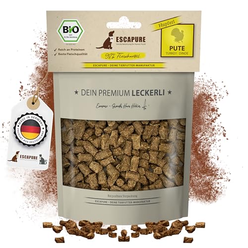 Escapure Bio Hunde Leckerlis Puten Hupferl 150g in Bio Qualität - Putenfleisch Hundesnack mit 98% Muskelfleisch - Trainingssnacks ohne künstliche Zusatzstoffe - Knusper Snack frei von Getreide von Escapure