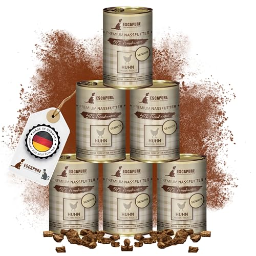 Escapure Senior Nassfutter Hähnchen 6 x 400g Dose - 58% pures Hühnerfilet Hundefutter - Dosenfutter Huhn Menü ohne Zusatzstoffe - Ergänzungsfuttermittel für ältere Hunde frei von Getreide von Escapure