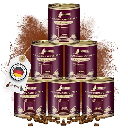 Escapure Adult Nassfutter Lamm 6 x 800g Dose - 86,5% pures Lammfleisch Hundefutter - Dosenfutter Lamm ohne Zusatzstoffe - Ergänzungsfuttermittel für ausgewachsene Hunde frei von Getreide von Escapure