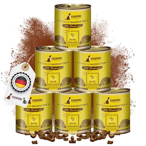 Escapure Adult Nassfutter Pute 6 x 800g Dose - 84% pures Putenfleisch Hundefutter - Dosenfutter Truthahn ohne Zusatzstoffe - Ergänzungsfuttermittel für ausgewachsene Hunde frei von Getreide von Escapure