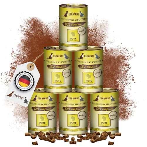 Escapure Pute Pur Dose 6 x 400g - Nassfutter für Hunde - 100% pures Putenfleisch Nassfutter - Premium Dosenfutter Pute ohne Zusatzstoffe - Hunde Ergänzungsfuttermittel frei von Getreide von Escapure