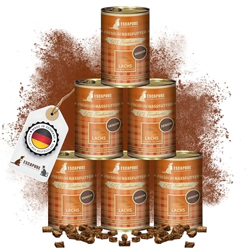 Escapure Senior Nassfutter Lachs 6 x 400g Dose - 60% pures Lachsfilet Hundefutter - Dosenfutter Lachs Menü ohne Zusatzstoffe - Ergänzungsfuttermittel für ältere Hunde frei von Getreide von Escapure