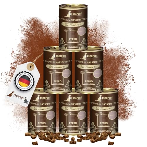 Escapure Adult Nassfutter Pferd 6 x 400g Dose - 91% Pferdefleisch Hundefutter - Dosenfutter Horse ohne Zusatzstoffe - Alleinfuttermittel für ausgewachsene Hunde frei von Getreide von Escapure