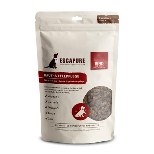 Escapure Rind Haut- & Fellpflege Snack für Hunde – Natürlicher Snack zur Fellgesundheit, 150g – Getreidefrei, reich an Nährstoffen, ideal für glänzendes Fell und gesunde Haut von Escapure