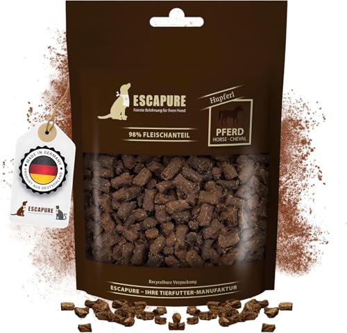 Escapure Hunde Leckerlis Pferd Hupferl 150g in Premium Qualität - Pferdefleisch Hundesnack mit 98% Muskelfleisch - Trainingssnacks ohne künstliche Zusatzstoffe - Knusper Snack frei von Getreide von Escapure