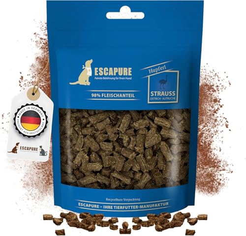 Escapure Hunde Leckerlis Straussen Hupferl 150g in Premium Qualität - Straussenfleisch Hundesnack mit 98% Muskelfleisch - Trainingssnacks ohne künstliche Zusatzstoffe - Knusper Snack frei von Getreide von Escapure