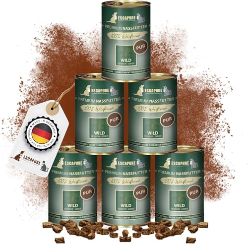 Escapure Hunde Nassfutter Dose | Welpen Wild & Hähnchen Dose 6 x 400g | Welpen Menü Wild & Hähnchen Dosen in Premium Qualität | mit Kartotten, Zucchini, Apfel, Banane und Eierschalenpulver | 6X 400g von Escapure