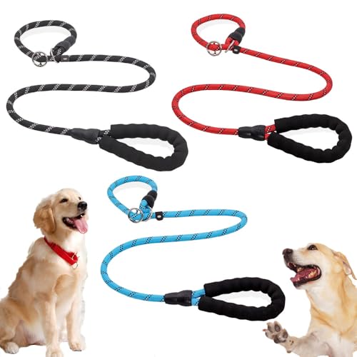 3 Stück Hundeleine, Nylon mit komfortablem gepolstertem Griff, Retriever-Leine für große Hunde, alle Größen, Blau + Schwarz + Rot von Esforzarse