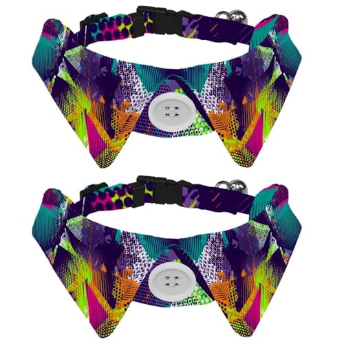 Eslifey Hundehalsband mit Fliege und Glöckchen, abstrakte geometrische Dreiecke, Spray, Neonmuster, verstellbares Revers-Design, Katzenfliege, Halsband für kleine Haustiere, 2 Stück von Eslifey