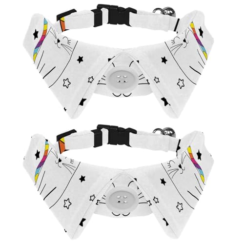 Eslifey Hundehalsband mit Fliege und Glöckchen, lustig, niedlich, Cartoon-Katze, Einhorn, Regenbogen-Sterne, verstellbares Revers-Design, Katzen-Fliege, Halsband für kleine Haustiere, 2 Stück von Eslifey