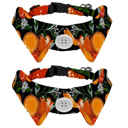 Eslifey Hundehalsband mit Fliege und Glöckchen, orangefarbener Zweig, botanisches Muster, verstellbares Revers-Design, Katzenfliege, Halsband für kleine Haustiere, 2 Stück von Eslifey