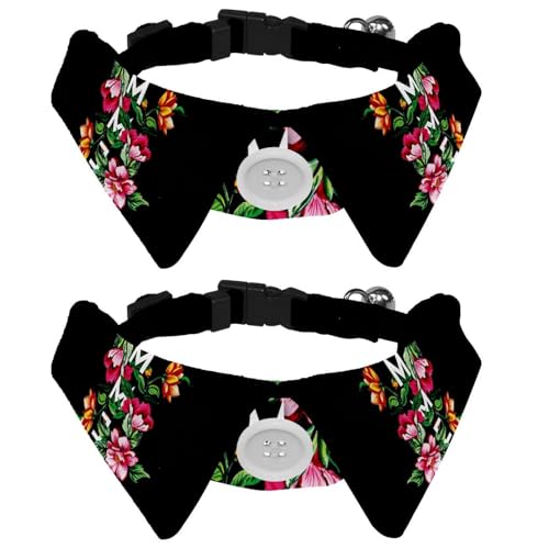 Eslifey Hundehalsband mit Fliege und Glöckchen, schwarz, Sommerblumen, verstellbares Revers-Design, Katzenfliege, Halsband für kleine Haustiere, 2 Stück von Eslifey