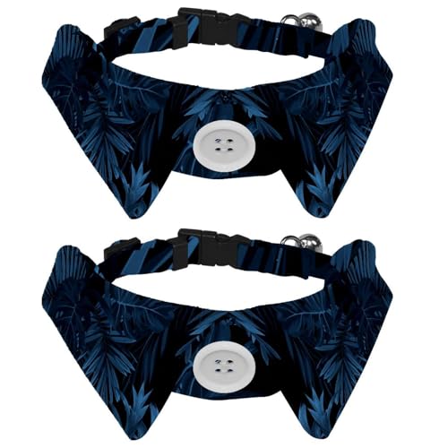 Eslifey Hundehalsband mit Fliege und Glöckchen, tropische blaue Blätter, verstellbares Revers-Design, Katzenfliege, Halsband für kleine Haustiere, 2 Stück von Eslifey