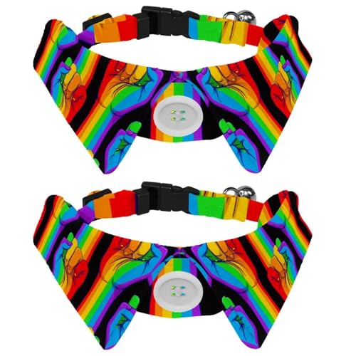 Hundehalsband mit Fliege und Glöckchen, Regenbogen-gestreifte Hände, verstellbares Revers-Design, Katzenfliege, Halsband für kleine Haustiere, 2 Stück von Eslifey