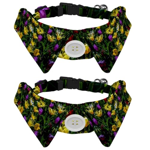 Hundehalsband mit Fliege und Glöckchen, bunte Blumen, lila, gelb, Tulpe, verstellbares Revers-Design, Katzenfliege, Halsband für kleine Haustiere, 2 Stück von Eslifey