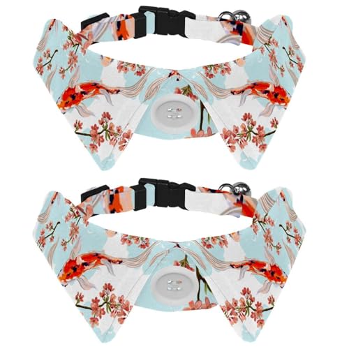 Hundehalsband mit Fliege und Glöckchen, tropische japanische Blumen, Koi-Fisch, verstellbares Revers-Design, Katzen-Fliege, Halsband für kleine Haustiere, 2 Stück von Eslifey