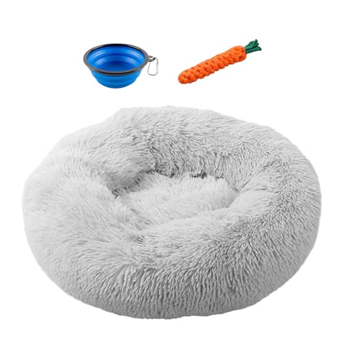 Esoes Hundbett Hundkissen Katzenbett Donut Abnehmbar und Waschbar Inkl. Napf und Spielzeug, Schlafplätze flauschig Kissen Rund aus Plüsch für Hunde Katzen Hundedecke Sofa (L-Ø 70 cm, Gray) von Esoes