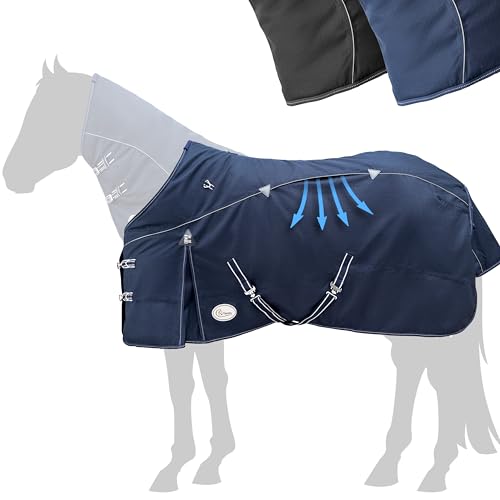 Esposita Airflow Outdoordecke Regendecke mit Fleece 200g Weidedecke Outdoordecke Übergangsdecke Champion Edition optimales Klima ohne Hitzestau 100% wasserdicht Pferdedecke 145cm Polarfleece Navy von Esposita