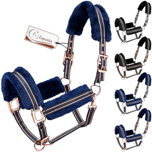 Esposita Halfter Champion Edition Stallhalfter Fellhalfter Flauschhalfter weich unterlegt mit Kunstfell flauschig (Cob/VB, Navy/Rosegold) von Esposita