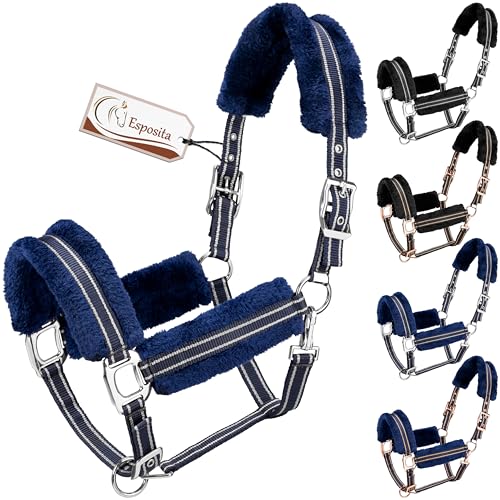 Esposita Halfter Champion Edition Stallhalfter Fellhalfter Flauschhalfter weich unterlegt mit Kunstfell flauschig (Cob/VB, Navy/Silber) von Esposita